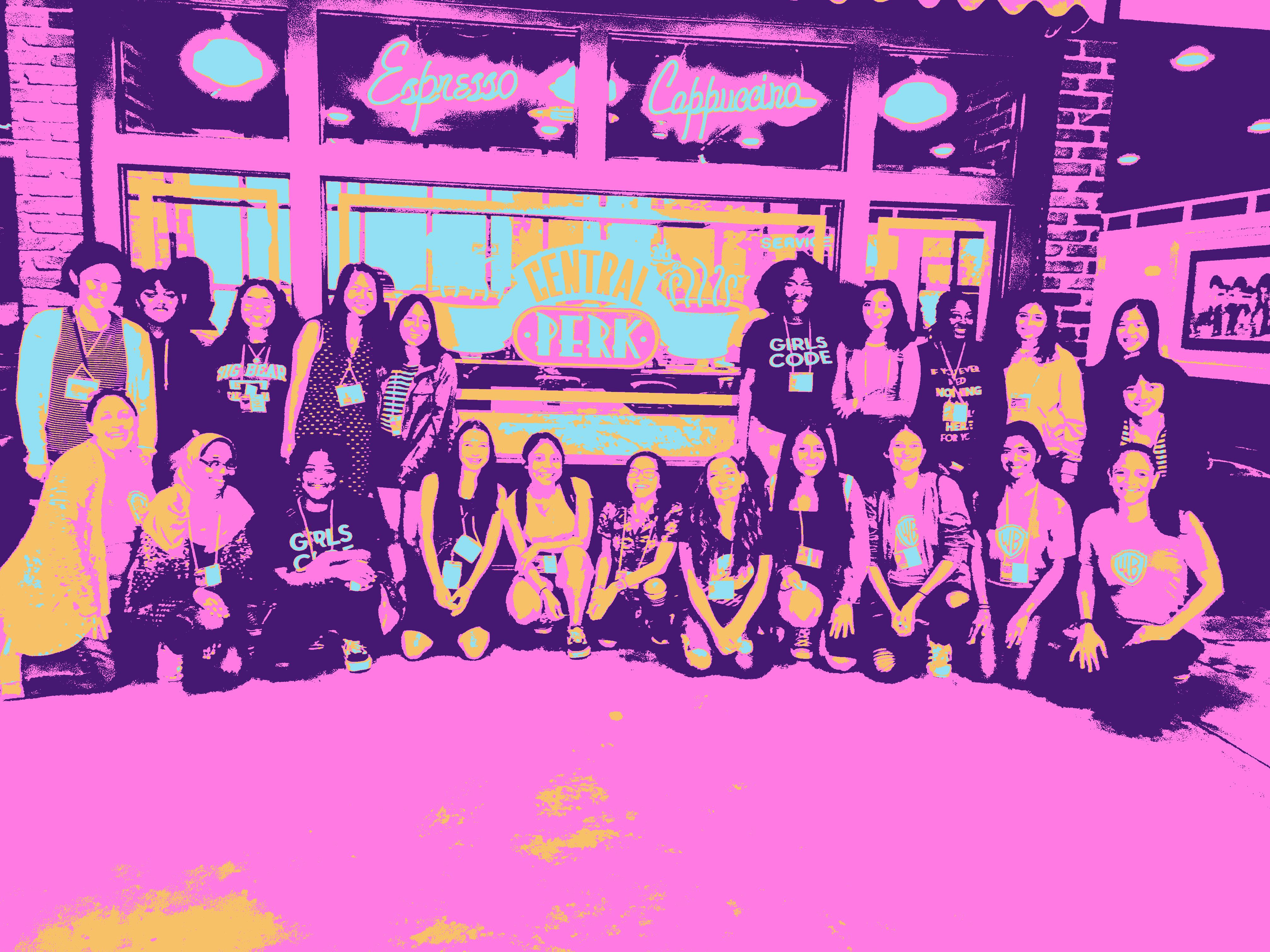 Class picture in front of the Central Perk, filtered using a pink Obama Filter created in Python