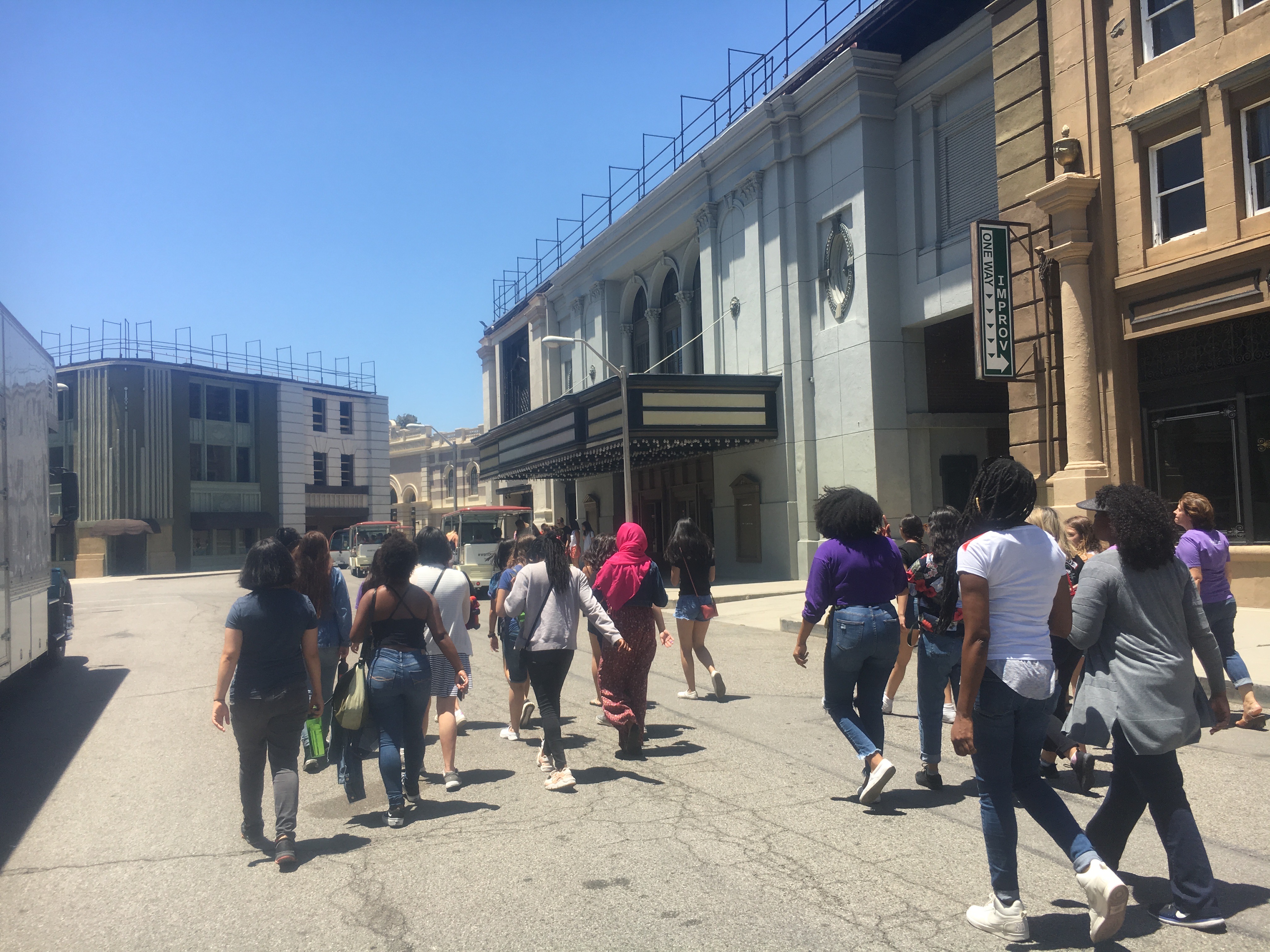 The class walking through the streets on the Warner Bros. lot