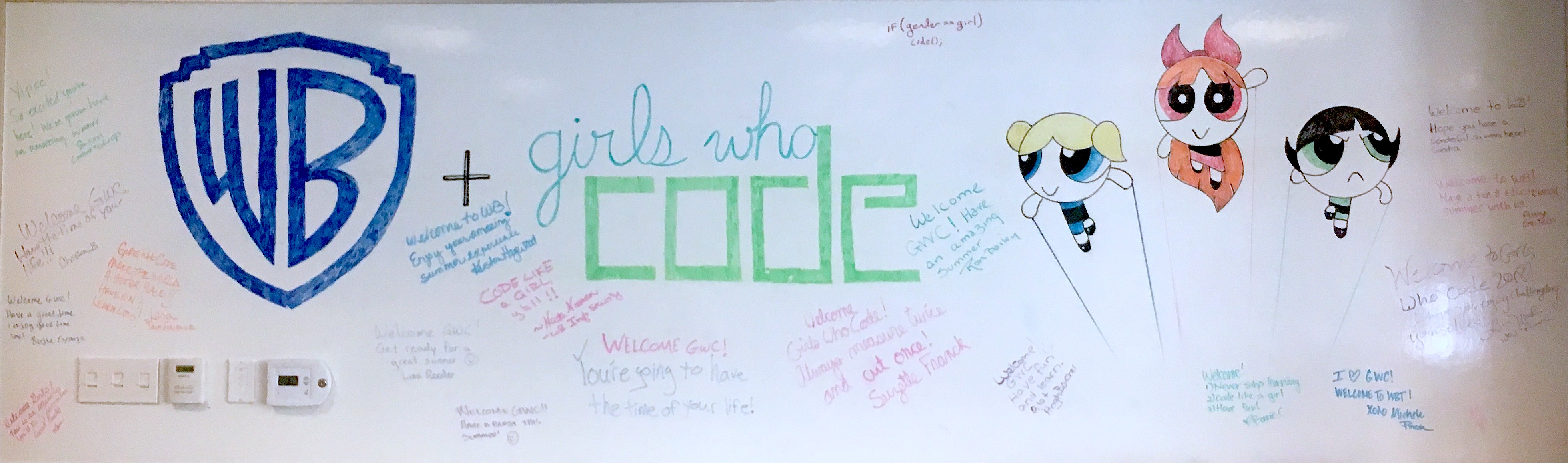 Whiteboard art created by Warner Bros. employees to welcome Girls Who Codes