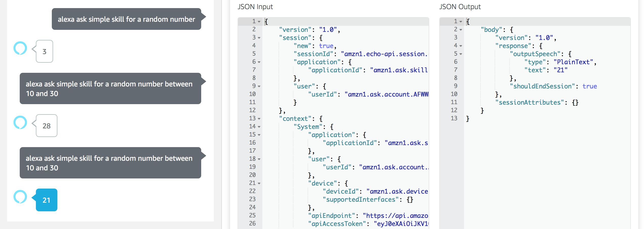 Screenshot of testing the Alexa skill and the JSON interaction model, which shows the skill returning a random numnber and two different random numbers between 10 and 30