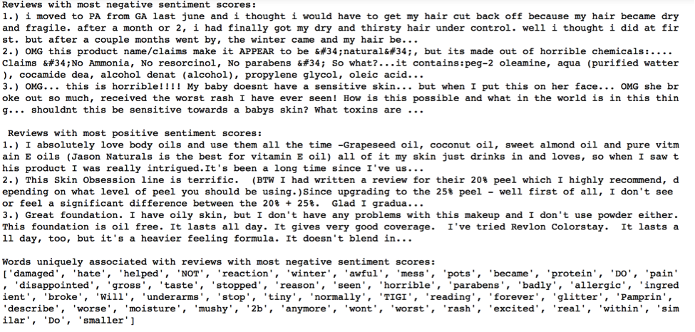 Screenshot of Sentiment Analysis project output on Amazon review, including reviews with the most positive sentiment scores, reviews with the most negative sentiment scores, and words uniquely associated with reviews with the most negative sentiment scores