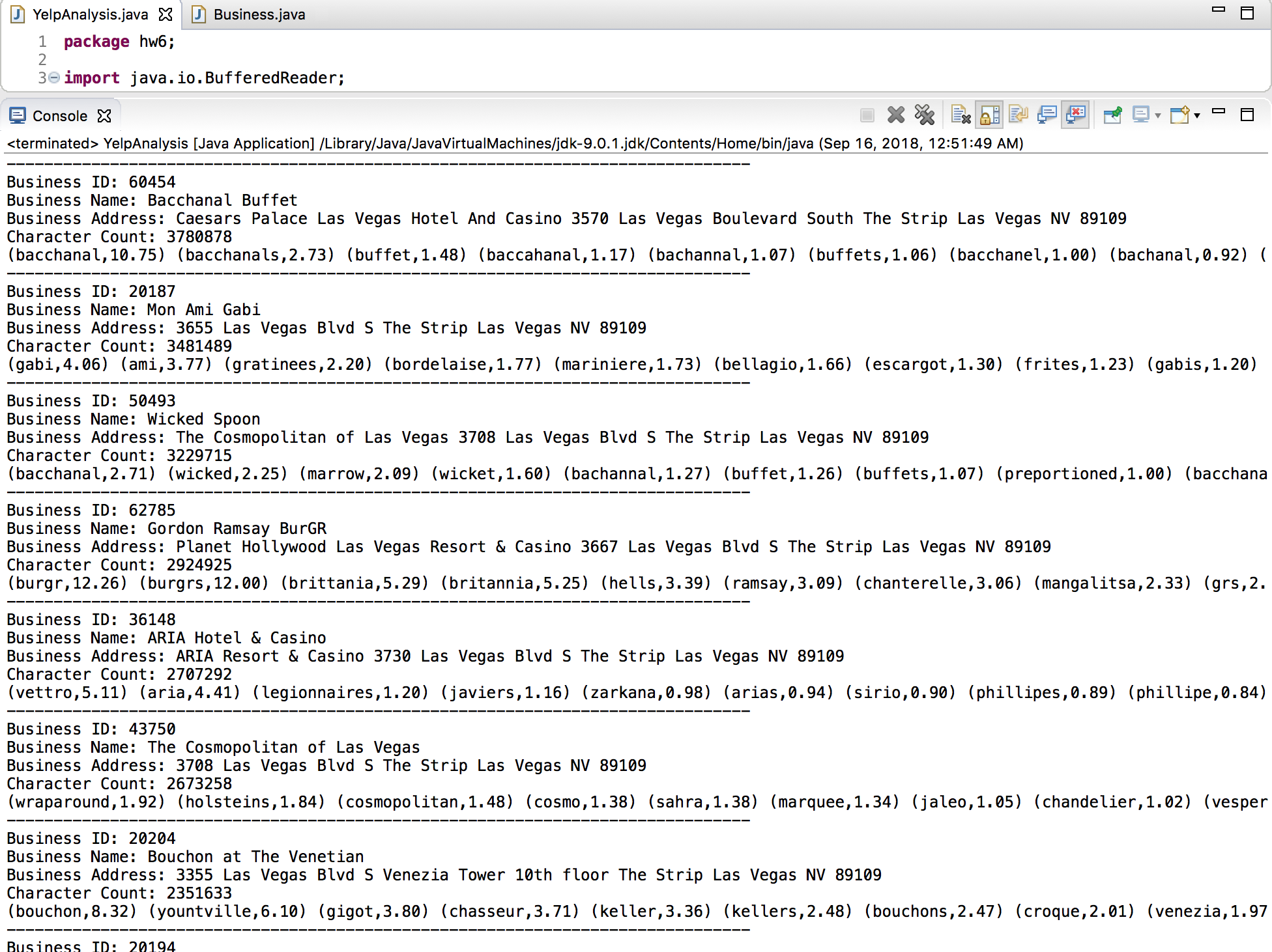 Screenshot of output of Yelp Analysis, which shows businesses with most unique and representative reviews, including the business' ID, name, address, and highly representative words